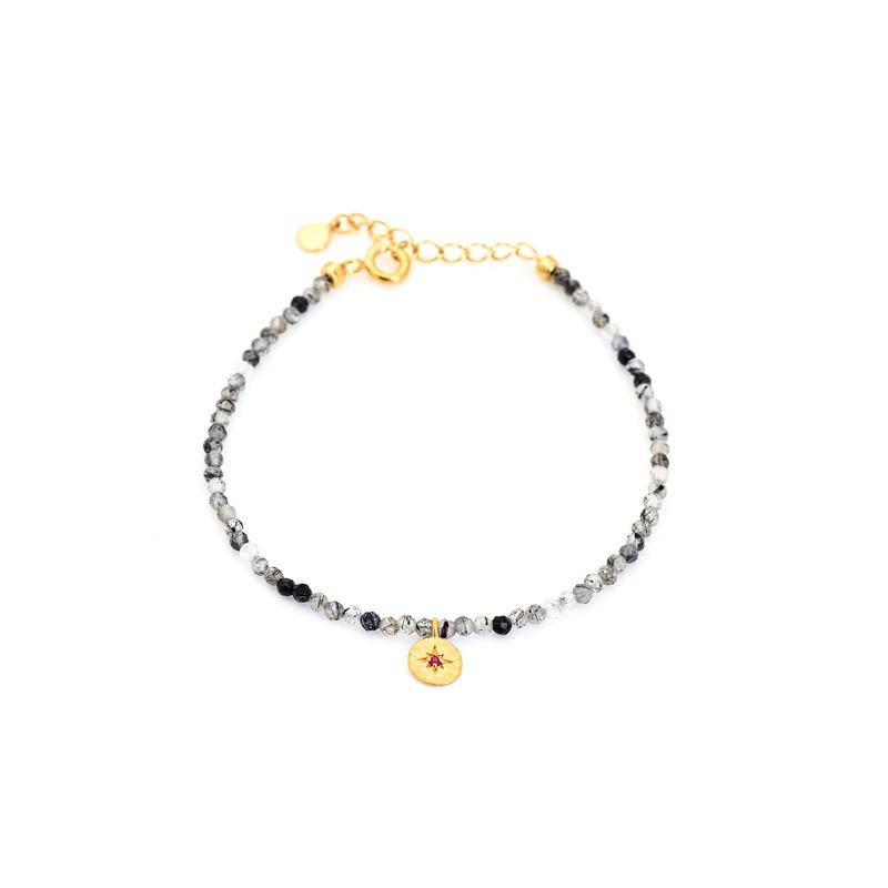 Pulseira com quartzo redondo e rubi, em prata dourado925, comprimento 14+ 3 cm