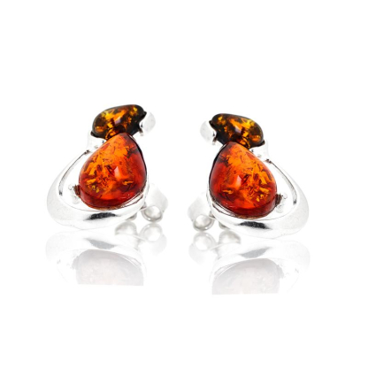 Clous d'oreilles avec ambre multicolore naturel en goutte, en argent rhodié 925