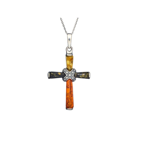 Pendentif croix avec ambre multicolore, argent vieilli 925, diamètre 2,5x4+0,8cm