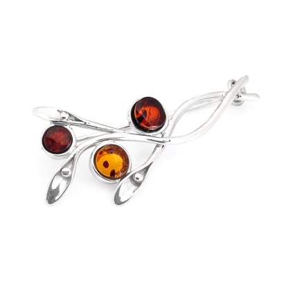 Brooch with natural cognac amber from the Baltic Sea round, in rhodium-plated 925 silver