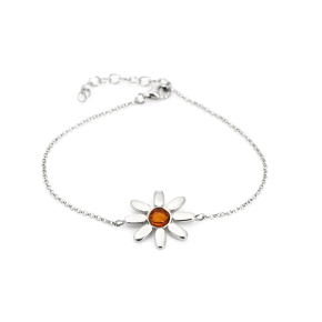 Bracelet fleur avec ambre cognac naturel, en argent rhodié 925, longueur 16+3 cm