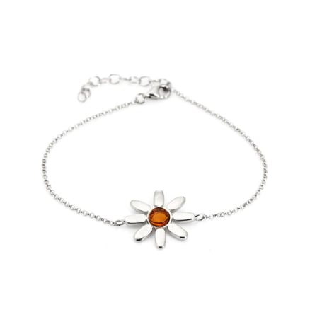 Braccialetto a fiori con ambra naturale di cognac, in argento 925 placcato in rodio, lunghezza 16+3 cm
