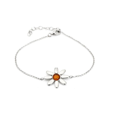 Bracelet fleur avec ambre cognac naturel, en argent rhodié 925, longueur 16+3 cm