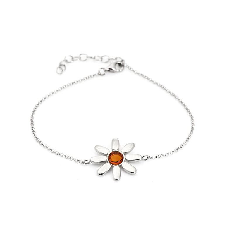 Flower bracelet with natural cognac amber, in rhodium-plated 925 silver, length 16+3 cm