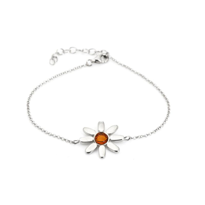 Bracelet fleur avec ambre cognac naturel, en argent rhodié 925, longueur 16+3 cm