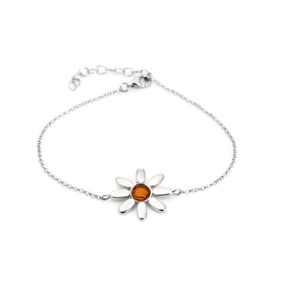 Flower bracelet with natural cognac amber, in rhodium-plated 925 silver, length 16+3 cm
