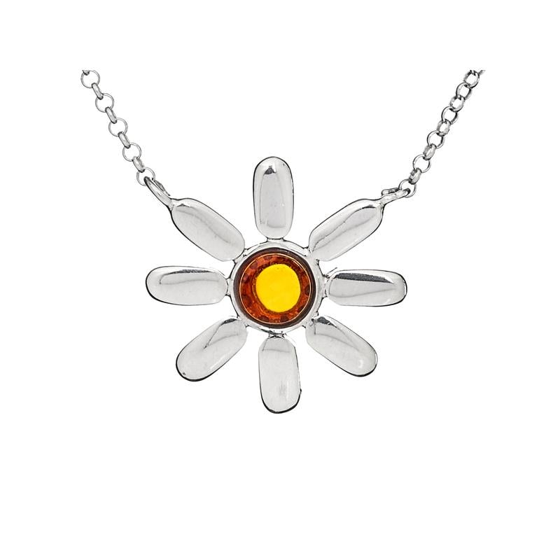 Collier fleur avec ambre cognac naturel, en argent rhodié 925, longueur 41+5 cm