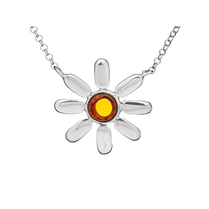 Collier fleur avec ambre cognac naturel, en argent rhodié 925, longueur 41+5 cm