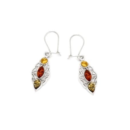 Orecchini pendenti con navette ambrato multicolore, argento placcato in rodio 925