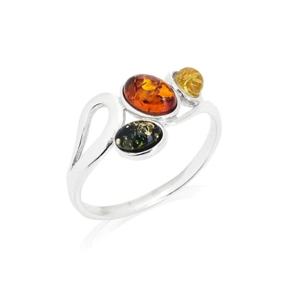 Anel de múltiplas pedras com âmbar oval natural multicolorido, em prata 925 banhada a ródio