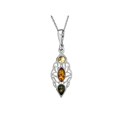 Pingente com âmbar natural multicolorido, prata banhada a ródio 925, diâmetro 1,2x3+1 cm