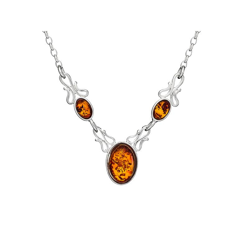 Collar con ámbar natural de coñac del mar Báltico, en plata 925 bañada en rodio