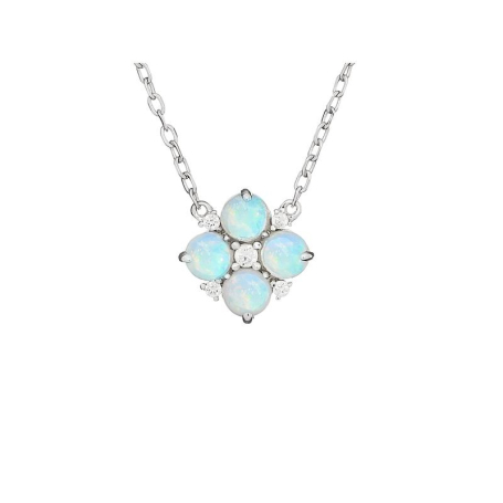 Necklace with round white opal, in rhodium-plated 925 silver, 42 + 3 cm