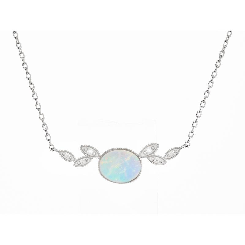 Necklace with white oval opal, in rhodium-plated 925 silver, 42 + 3 cm