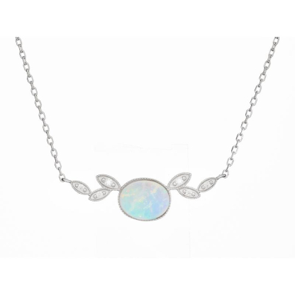 Necklace with white oval opal, in rhodium-plated 925 silver, 42 + 3 cm