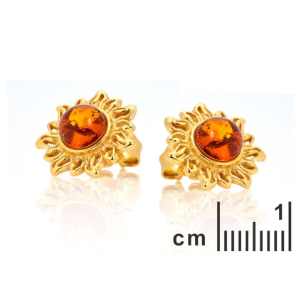 Brincos de sun stud com âmbar natural de conhaque, em prata de 925 dourado