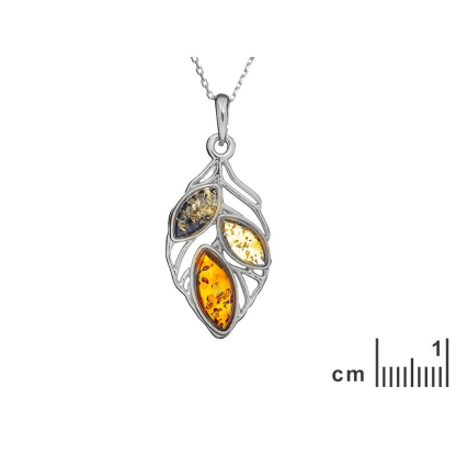 Leaf pendant with amber, rhodium-plated silver 925, diameter 1.8x3+0.8cm