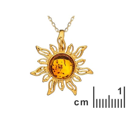 Sun pendant with natural cognac amber, in 925 gold plated silver
