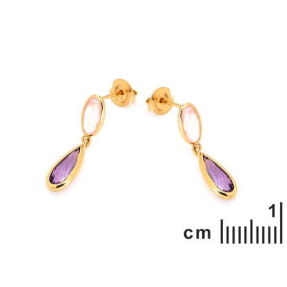Boucles d'oreilles pendantes avec améthyste et quartz rose, en argent 925 doré