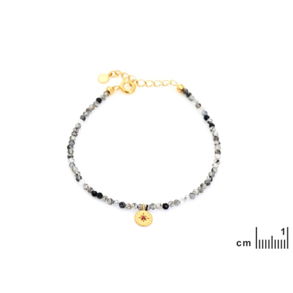 Pulseira com quartzo redondo e rubi, em prata dourado925, comprimento 14+ 3 cm