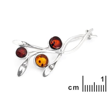 Brooch with natural cognac amber from the Baltic Sea round, in rhodium-plated 925 silver