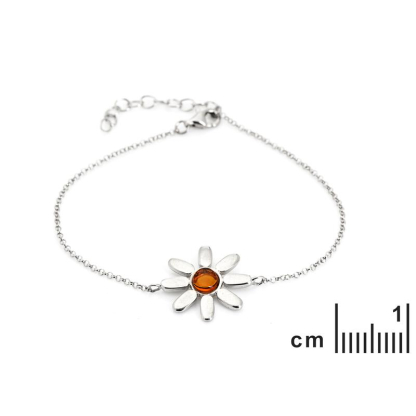 Bracelet fleur avec ambre cognac naturel, en argent rhodié 925, longueur 16+3 cm