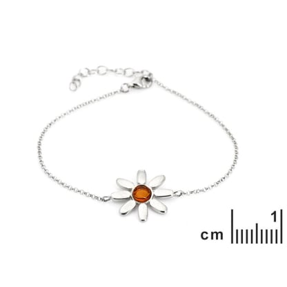 Flower bracelet with natural cognac amber, in rhodium-plated 925 silver, length 16+3 cm