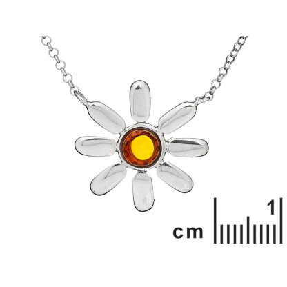 Bloemenketting met natuurlijke cognac amber, in rhodiumgeplateerde 925 zilver, lengte 41+5 cm
