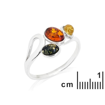 Mehrsteiner-Ring mit ovalem natürlichem, mehrfarbigem Bernstein, aus rhodiumbeschichtetem 925 Silber