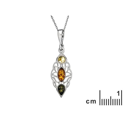 Pingente com âmbar natural multicolorido, prata banhada a ródio 925, diâmetro 1,2x3+1 cm