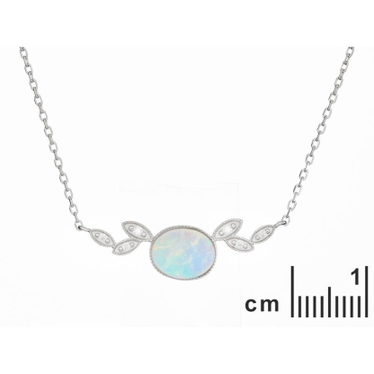 Beyaz oval opal, rodyum kaplamalı 925 gümüş kolye, 42 + 3 cm