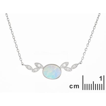 Necklace with white oval opal, in rhodium-plated 925 silver, 42 + 3 cm