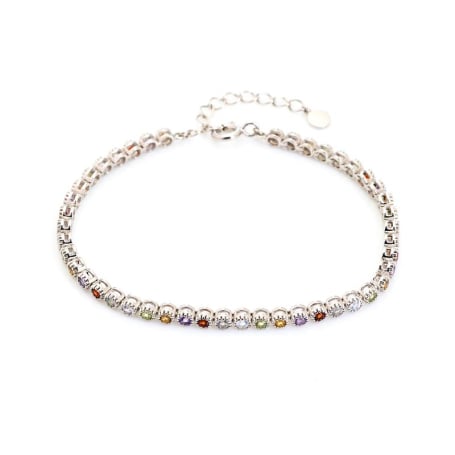 Bracelet avec multipierres multicolore ronde, argent rhodié 925, 15+3 cm