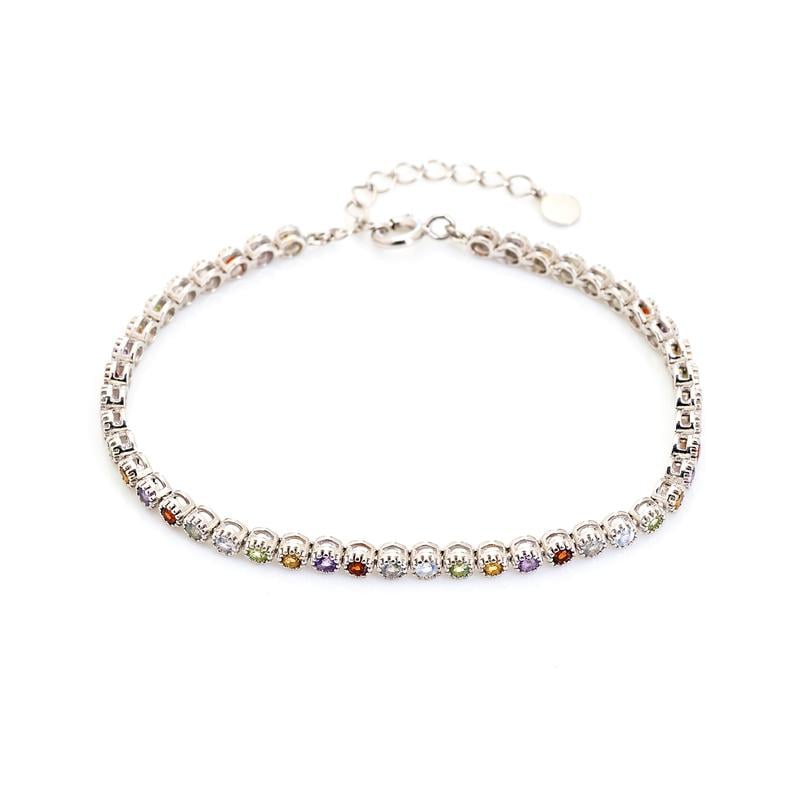 Bracelet avec multipierres multicolore ronde, argent rhodié 925, 15+3 cm