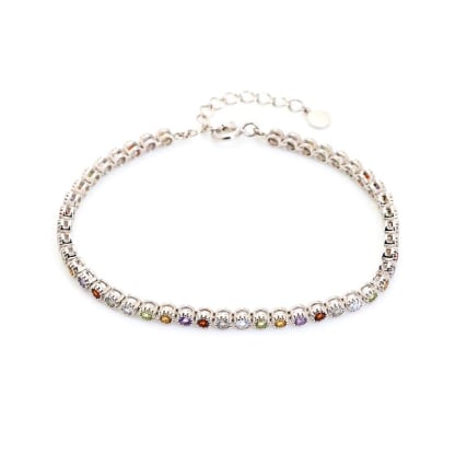 Round multi-colored multi-stone bracelet, rhodium-plated 925 silver, 15+3 cm