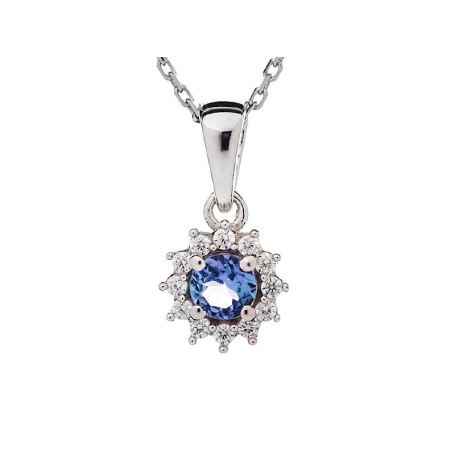 Ciondolo con tanzanite blu tonda, in argento 925 rodiato, diametro 0,7+0,7 cm