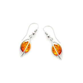 Boucles d'oreilles pendantes avec ambre cognac ovale, en argent rhodié 925