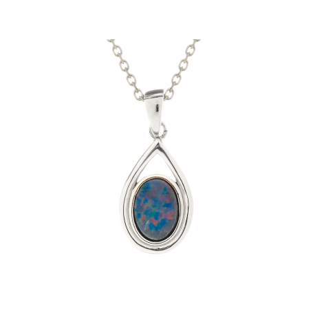 Pendant with natural blue doublet opal, rhodium-plated silver 925