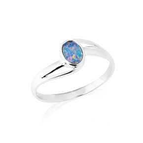 Anillo ovalado con ópalo australiano azul natural en plata bañada en rodio 925