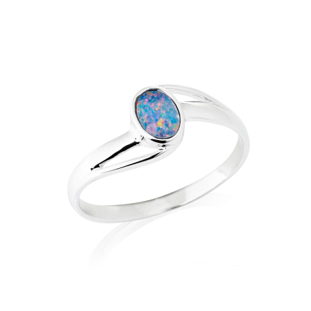Oval Ring with Natural Blue Australian Doublet Opal in 925 Rhodium-Plated Silver