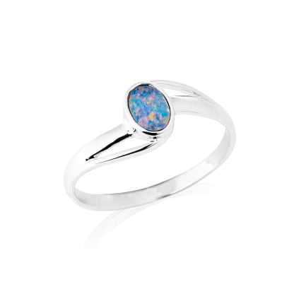 Inel oval cu opal dublu australian albastru natural în argint placat cu rodopiu 925
