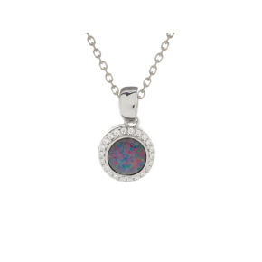 Pendentif avec opale doublet naturelle ronde et zirconium, en argent rhodié 925