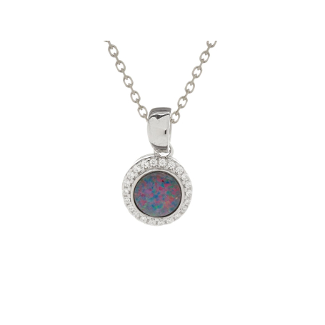 Pendant with round natural doublet opal and zirconium, in rhodium-plated 925 silver