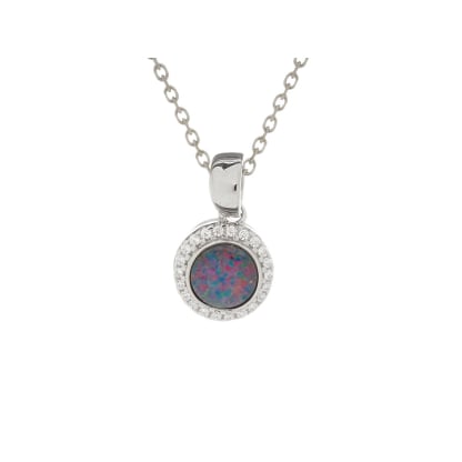 Ciondolo con doppietta naturale rotonda opale e zirconio, in argento 925 placcato in rodio