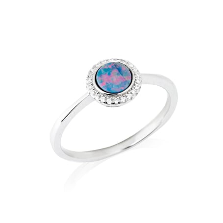 Anello con doppietta opale rotonda e ossido di zirconio, in argento placcato rodio 925