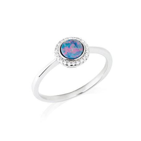 Ring with round doublet opal and zirconium oxide, in rhodium-plated silver 925