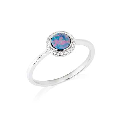 Bague avec opale doublet ronde et oxyde de zirconium, en argent rhodié 925