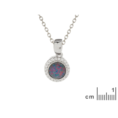 Pendentif avec opale doublet naturelle ronde et zirconium, en argent rhodié 925