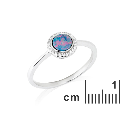 Bague avec opale doublet ronde et oxyde de zirconium, en argent rhodié 925