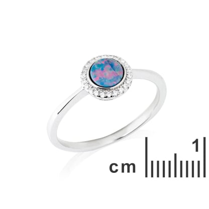 Ring met ronde dubbelopaal en zirkoniumoxide, in rhodiumgeplateerd zilver 925